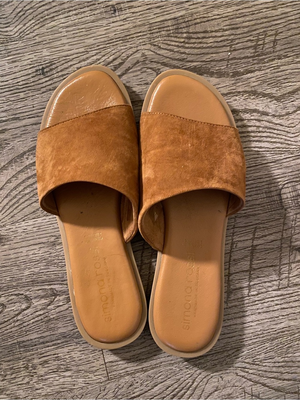 Simona Rossi Women's Brown Leather Open Toe Slip-On Flat Slide Sandals Size 10